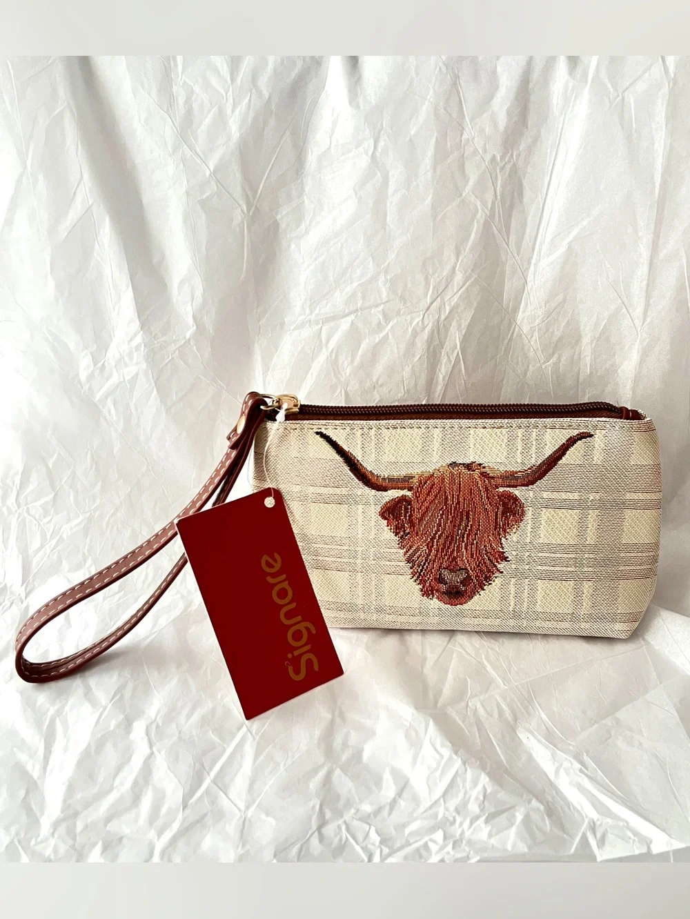Signare Tapestry Highland Cow Wristlet Bag Embroidered Cottagecore Cozy Travel